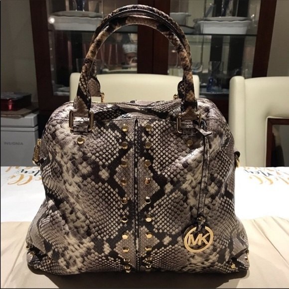 Michael Kors Astor Studded Leather Large Satchel Bag Snakeskin - Picture 6 of 9